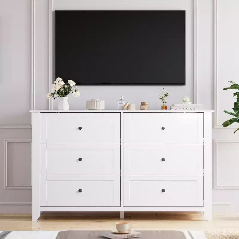 Commode à 6 tiroirs pour chambre à coucher, commodes en bois de 137 cm de large avec grand rangement, commode sans poignée meuble TV pour salon et couloir, lot de 2