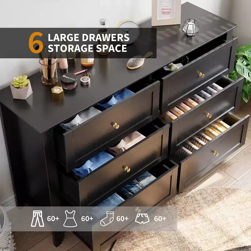 Commode à 6 tiroirs pour chambre à coucher, commodes en bois de 137 cm de large avec grand rangement, commode sans poignée meuble TV pour salon et couloir, lot de 2
