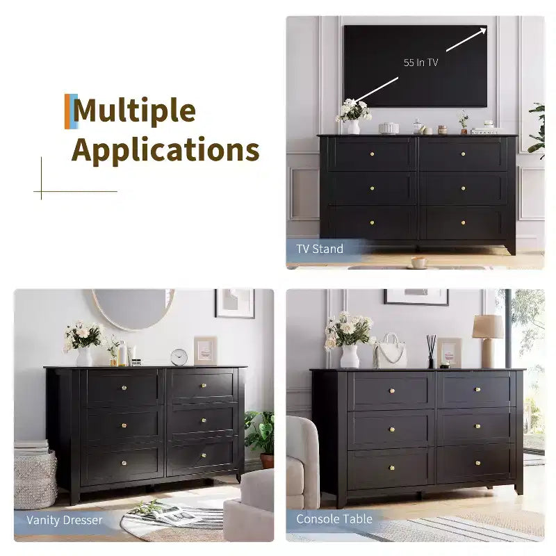 Commode à 6 tiroirs pour chambre à coucher, commodes en bois de 137 cm de large avec grand rangement, commode sans poignée meuble TV pour salon et couloir, lot de 2