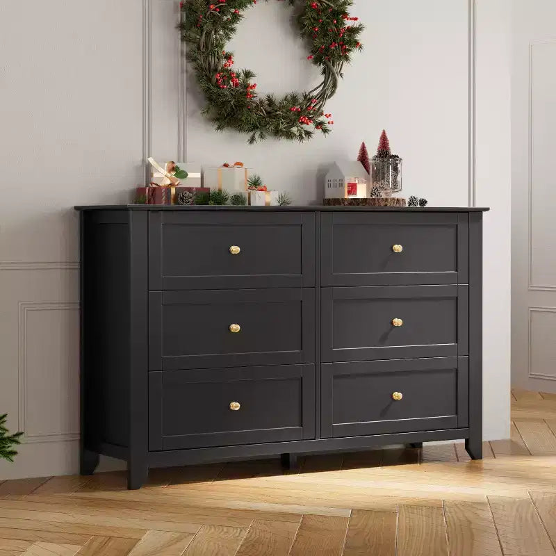 Commode à 6 tiroirs pour chambre à coucher, commodes en bois de 137 cm de large avec grand rangement, commode sans poignée meuble TV pour salon et couloir, lot de 2