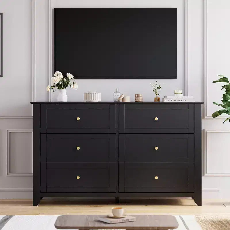 Commode à 6 tiroirs pour chambre à coucher, commodes en bois de 137 cm de large avec grand rangement, commode sans poignée meuble TV pour salon et couloir, lot de 2