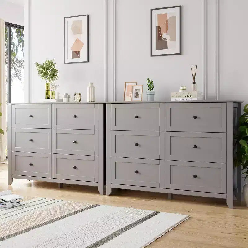 Commode à 6 tiroirs pour chambre à coucher, commodes en bois de 137 cm de large avec grand rangement, commode sans poignée meuble TV pour salon et couloir, lot de 2