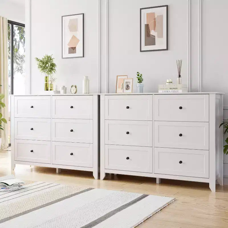 Commode à 6 tiroirs pour chambre à coucher, commodes en bois de 137 cm de large avec grand rangement, commode sans poignée meuble TV pour salon et couloir, lot de 2