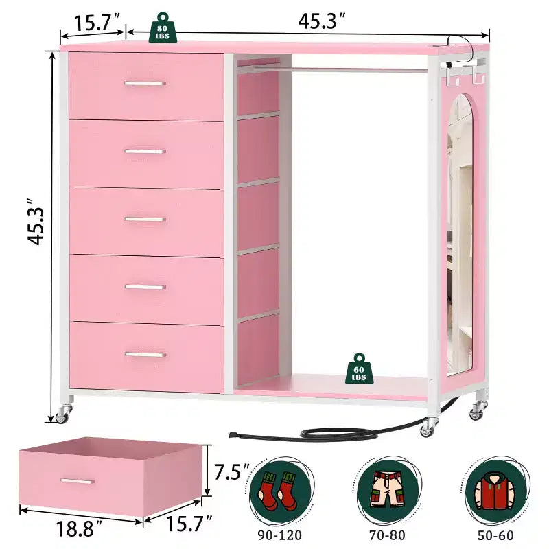 Commode roulante de 45 pouces avec miroir, organisateur de placard avec 5 tiroirs en tissu et station de recharge