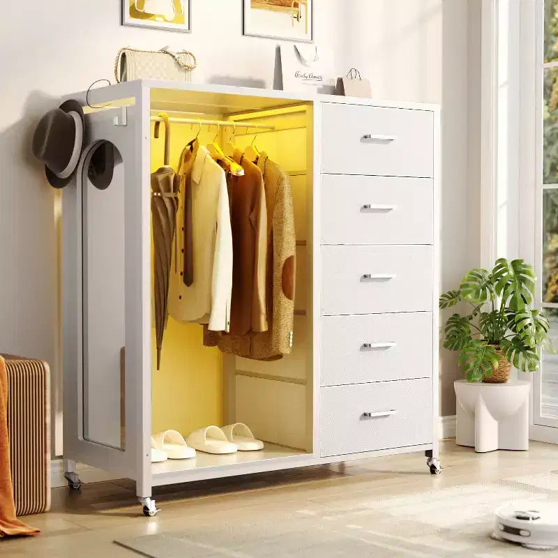Commode roulante de 45 pouces avec miroir, organisateur de placard avec 5 tiroirs en tissu et station de recharge