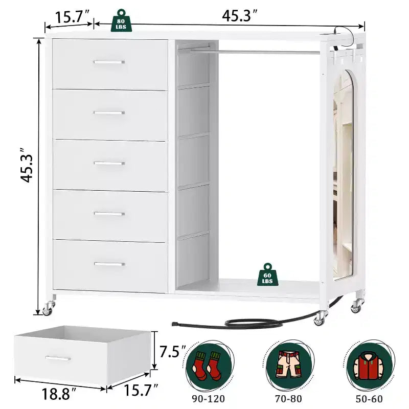 Commode roulante de 45 pouces avec miroir, organisateur de placard avec 5 tiroirs en tissu et station de recharge