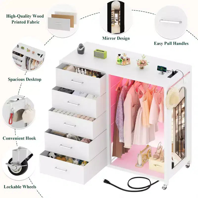 Commode roulante de 45 pouces avec miroir, organisateur de placard avec 5 tiroirs en tissu et station de recharge