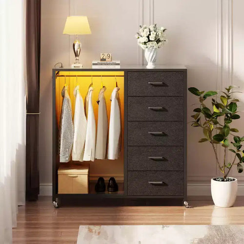 Commode roulante de 45 pouces avec miroir, organisateur de placard avec 5 tiroirs en tissu et station de recharge