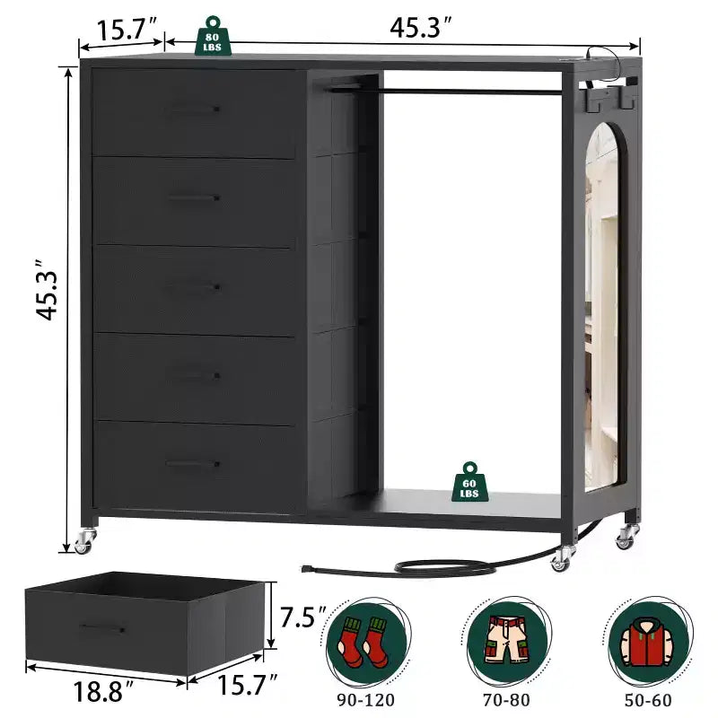 Commode roulante de 45 pouces avec miroir, organisateur de placard avec 5 tiroirs en tissu et station de recharge