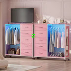 Commode roulante de 45 pouces avec miroir, organisateur de placard avec 5 tiroirs en tissu et station de recharge