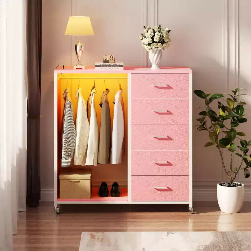 Commode roulante de 45 pouces avec miroir, organisateur de placard avec 5 tiroirs en tissu et station de recharge