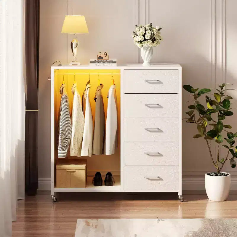 Commode roulante de 45 pouces avec miroir, organisateur de placard avec 5 tiroirs en tissu et station de recharge