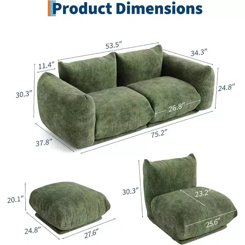 Canapé modulaire, Canapé nuage en chenille, Canapé sans accoudoirs à assise profonde pour salon, Petit espace, Vert