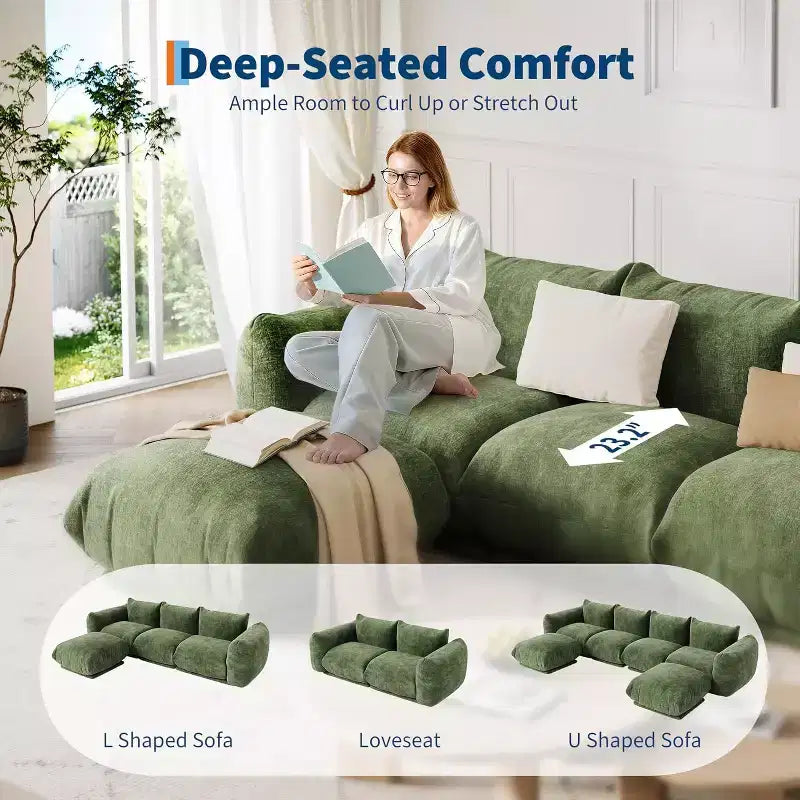 Canapé modulaire, Canapé nuage en chenille, Canapé sans accoudoirs à assise profonde pour salon, Petit espace, Vert