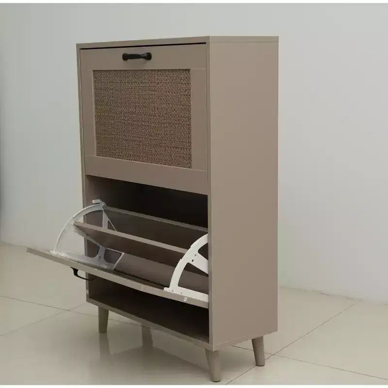 Meuble à Chaussures Moderne à 2 Niveaux avec Panneaux en Maille, Gris Clair, Construction en Bois, Organisateur de Rangement pour Entrée pour 12 Paires