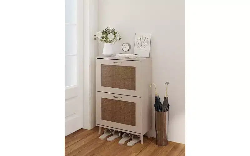 Meuble à Chaussures Moderne à 2 Niveaux avec Panneaux en Maille, Gris Clair, Construction en Bois, Organisateur de Rangement pour Entrée pour 12 Paires