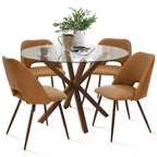 Ensemble de salle à manger rond 5 pièces en verre avec chaises en similicuir, ensemble de table de cuisine moderne avec pieds en noyer pour 4 personnes-Panipeachy