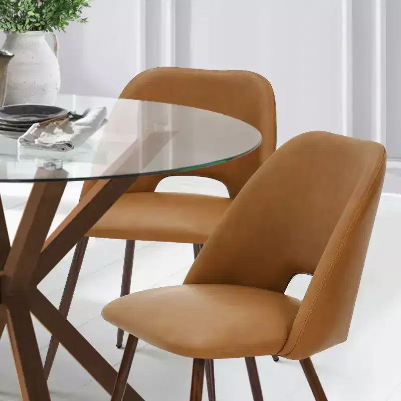 Ensemble de salle à manger rond 5 pièces en verre avec chaises en similicuir, ensemble de table de cuisine moderne avec pieds en noyer pour 4 personnes-Panipeachy