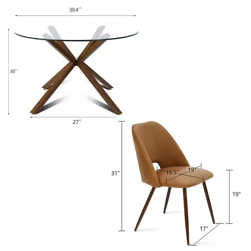 Ensemble de salle à manger rond 5 pièces en verre avec chaises en similicuir, ensemble de table de cuisine moderne avec pieds en noyer pour 4 personnes-Panipeachy