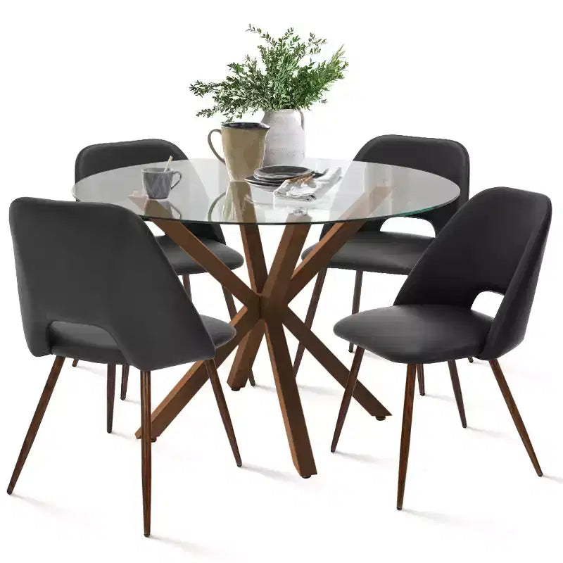Ensemble de salle à manger rond 5 pièces en verre avec chaises en similicuir, ensemble de table de cuisine moderne avec pieds en noyer pour 4 personnes-Panipeachy