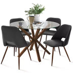 Ensemble de salle à manger rond 5 pièces en verre avec chaises en similicuir, ensemble de table de cuisine moderne avec pieds en noyer pour 4 personnes-Panipeachy