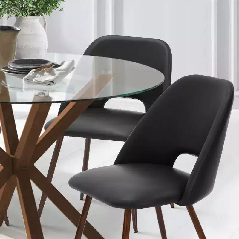 Ensemble de salle à manger rond 5 pièces en verre avec chaises en similicuir, ensemble de table de cuisine moderne avec pieds en noyer pour 4 personnes-Panipeachy