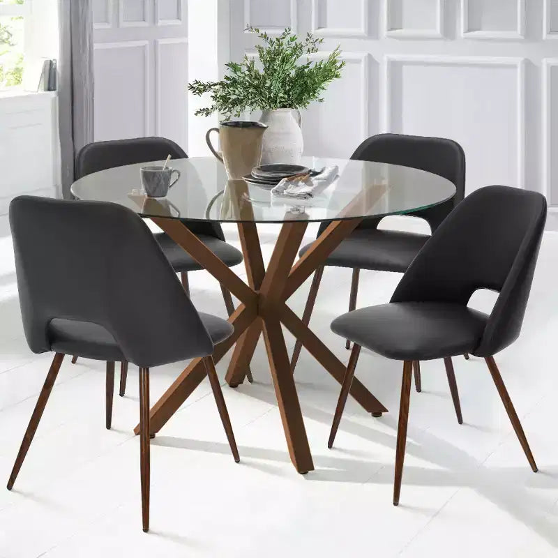 5-Piece Round Glass Dining Table Set with Faux Leather Chairs, Modern Kitchen Table Set with Walnut Legs for 4-Panipeachy