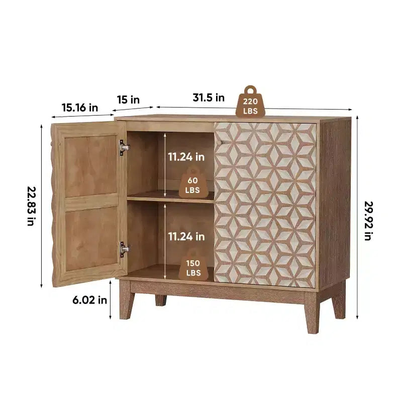 Meuble d'appoint rustique de 80 cm avec étagères réglables et portes géométriques, buffet de rangement style ferme pour salon, cuisine ou entrée