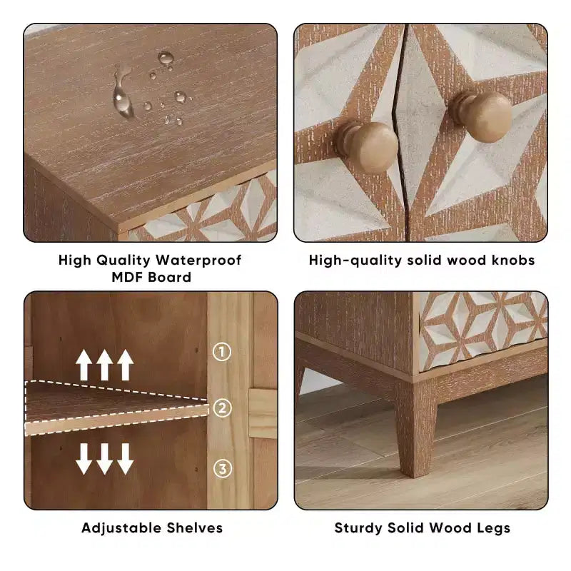 Meuble d'appoint rustique de 80 cm avec étagères réglables et portes géométriques, buffet de rangement style ferme pour salon, cuisine ou entrée
