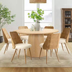 7-Piece Round Dining Table Set for 6 Oak Wood Dining Table and Boucle Rattan Dining Chairs for Kitchen Dining Room Farmhouse-Panipeachy