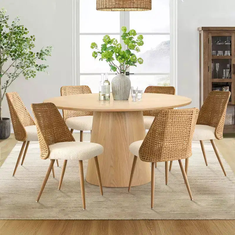 7-Piece Round Dining Table Set for 6 Oak Wood Dining Table and Boucle Rattan Dining Chairs for Kitchen Dining Room Farmhouse-Panipeachy