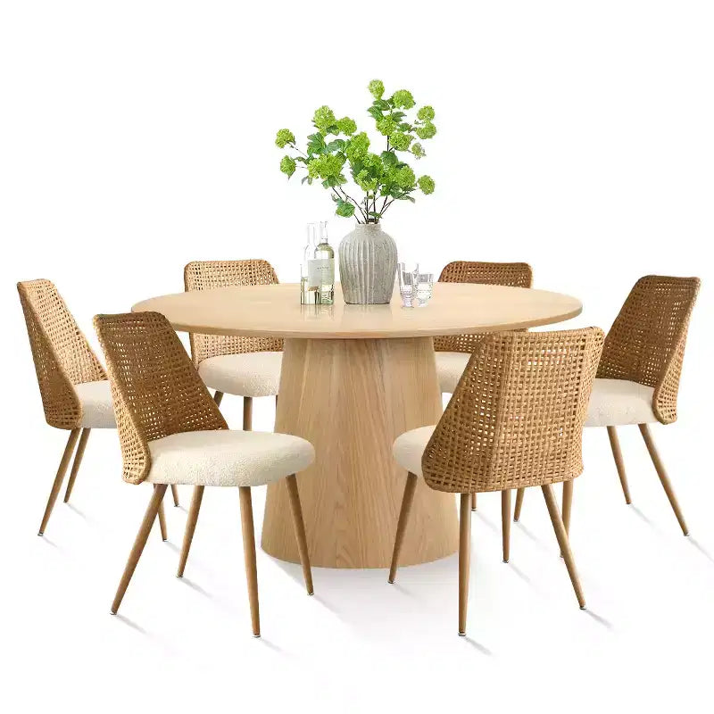 Ensemble de salle à manger 7 pièces pour 6 personnes Table à manger ronde en bois de chêne et chaises de salle à manger en bouclette et rotin pour cuisine salle à manger style ferme - Panipeachy