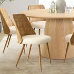 Ensemble de salle à manger 7 pièces pour 6 personnes Table à manger ronde en bois de chêne et chaises de salle à manger en bouclette et rotin pour cuisine salle à manger style ferme - Panipeachy