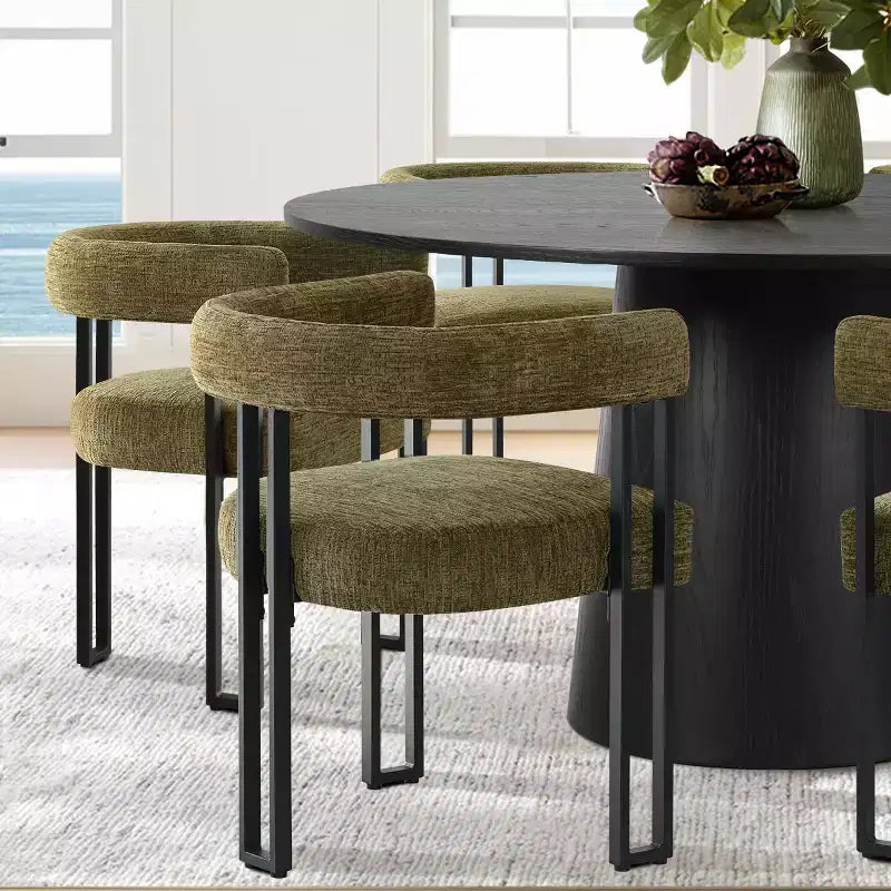 Ensemble de salle à manger rond 7 pièces avec 6 chaises rembourrées en chenille, table moderne sur pied de 52 po avec chaises de salle à manger à pieds en métal pour la cuisine-Panipeachy