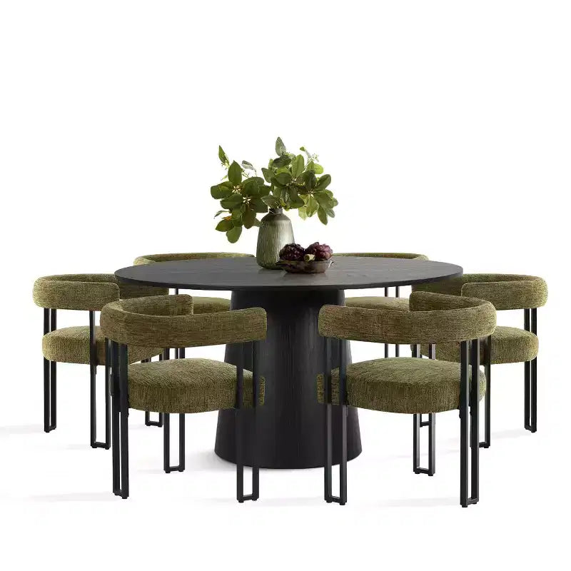 Ensemble de salle à manger rond 7 pièces avec 6 chaises rembourrées en chenille, table moderne sur pied de 52 po avec chaises de salle à manger à pieds en métal pour la cuisine-Panipeachy