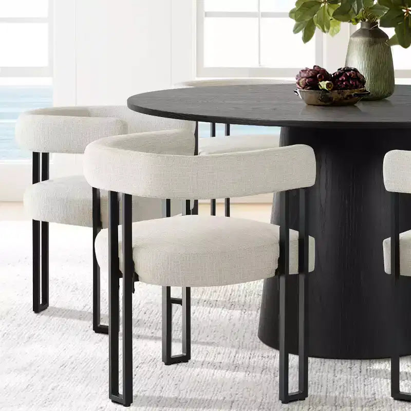 Ensemble de salle à manger rond 7 pièces avec 6 chaises rembourrées en chenille, table moderne sur pied de 52 po avec chaises de salle à manger à pieds en métal pour la cuisine-Panipeachy