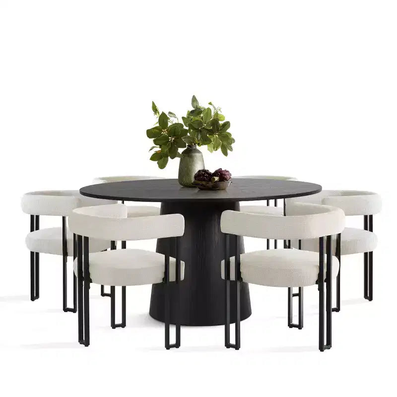 Ensemble de salle à manger rond 7 pièces avec 6 chaises rembourrées en chenille, table moderne sur pied de 52 po avec chaises de salle à manger à pieds en métal pour la cuisine-Panipeachy