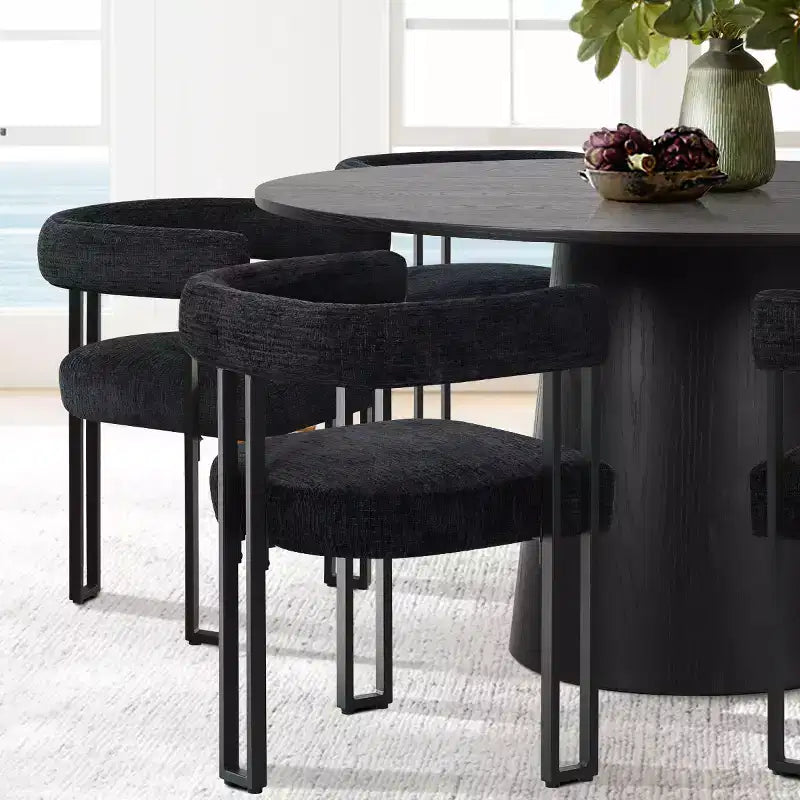 Ensemble de salle à manger rond 7 pièces avec 6 chaises rembourrées en chenille, table moderne sur pied de 52 po avec chaises de salle à manger à pieds en métal pour la cuisine-Panipeachy