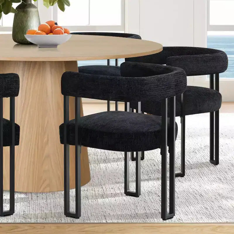 Ensemble de salle à manger rond 7 pièces avec 6 chaises rembourrées en chenille, table moderne sur pied de 52 po avec chaises de salle à manger à pieds en métal pour la cuisine-Panipeachy