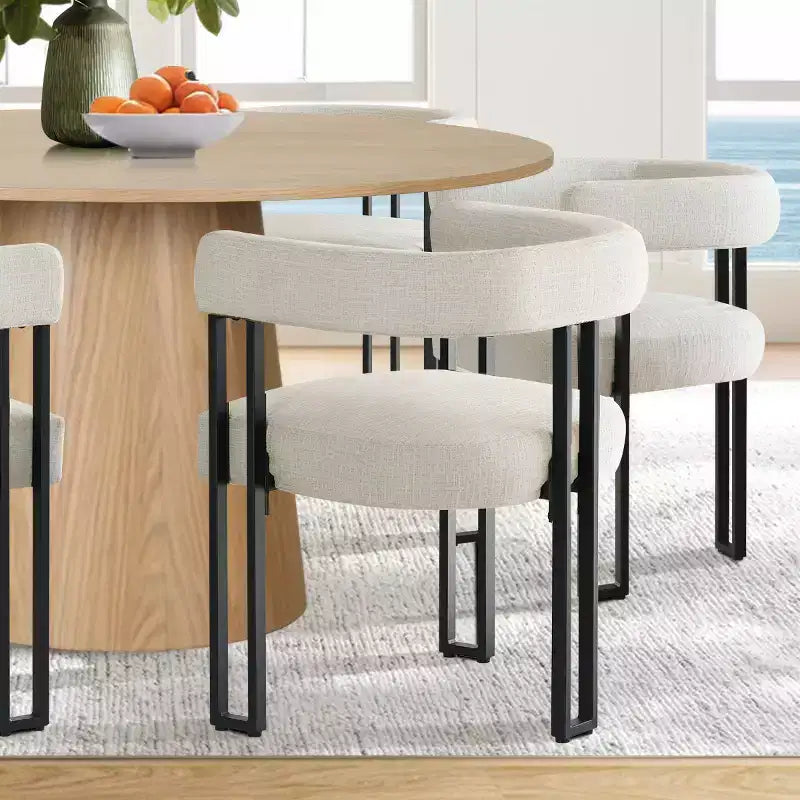 Ensemble de salle à manger rond 7 pièces avec 6 chaises rembourrées en chenille, table moderne sur pied de 52 po avec chaises de salle à manger à pieds en métal pour la cuisine-Panipeachy