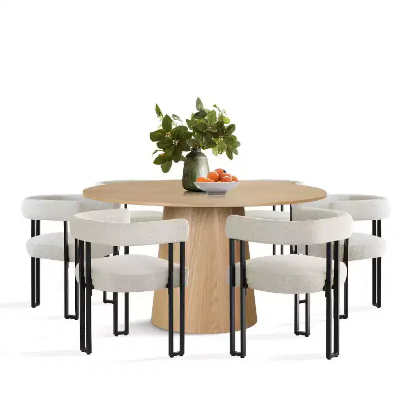 Ensemble de salle à manger rond 7 pièces avec 6 chaises rembourrées en chenille, table moderne sur pied de 52 po avec chaises de salle à manger à pieds en métal pour la cuisine-Panipeachy