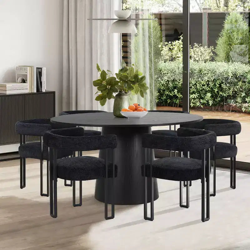 7-Piece Round Dining Table Set with 6 Upholstered Chenille Chairs, 52 Modern Pedestal Table with Metal Leg Dining Chairs for Kitchen-Panipeachy