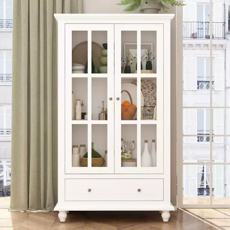 Hitow White Glass-Door Kitchen Pantry Cabinet  Open Shelf + Drawer Storage