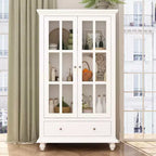 Hitow White Glass-Door Kitchen Pantry Cabinet  Open Shelf + Drawer Storage