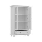 Meuble de cuisine blanc avec portes vitrées, étagère ouverte et tiroirs de rangement