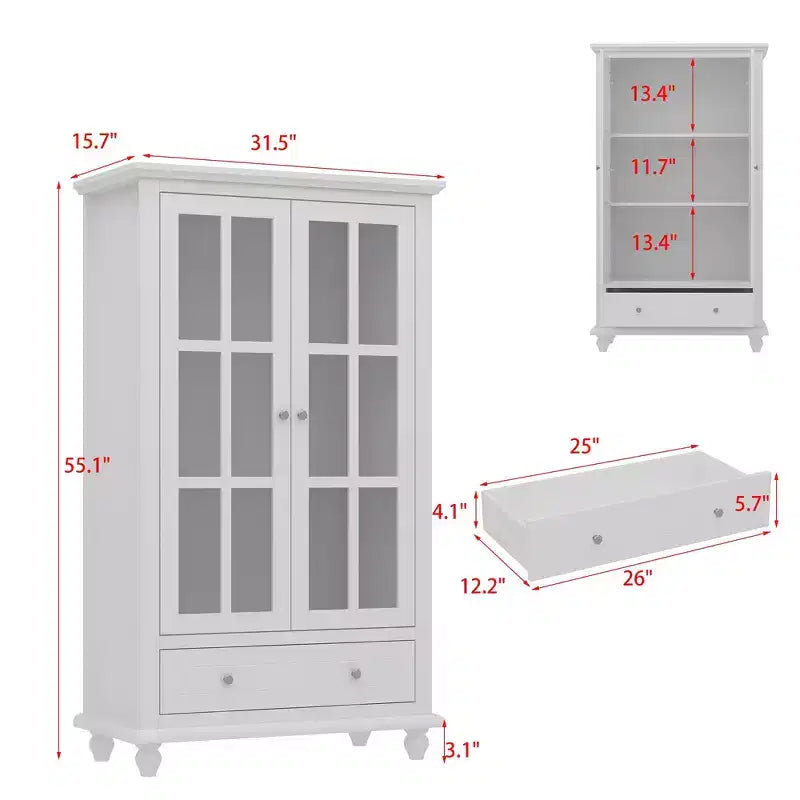 Meuble de cuisine blanc avec portes vitrées, étagère ouverte et tiroirs de rangement