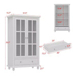 Meuble de cuisine blanc avec portes vitrées, étagère ouverte et tiroirs de rangement