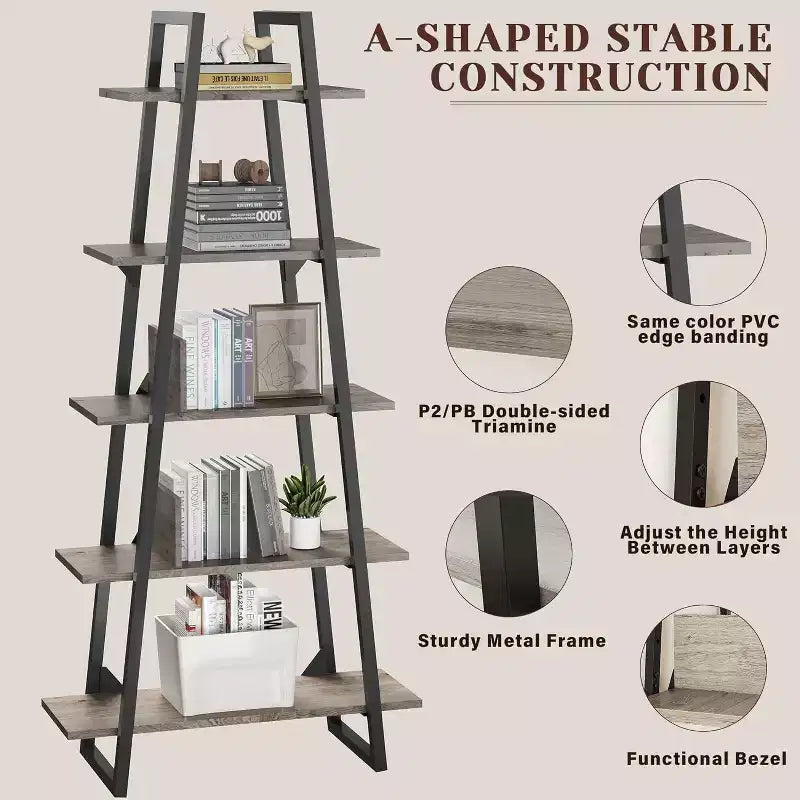 Étagère bibliothèque trapézoïdale à 5 niveaux, étagère de rangement verticale avec supports métalliques, étagère ouverte rustique, pour salon, bureau, cuisine