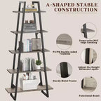 Étagère bibliothèque trapézoïdale à 5 niveaux, étagère de rangement verticale avec supports métalliques, étagère ouverte rustique, pour salon, bureau, cuisine