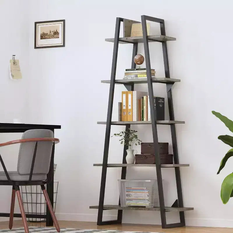 Étagère bibliothèque trapézoïdale à 5 niveaux, étagère de rangement verticale avec supports métalliques, étagère ouverte rustique, pour salon, bureau, cuisine